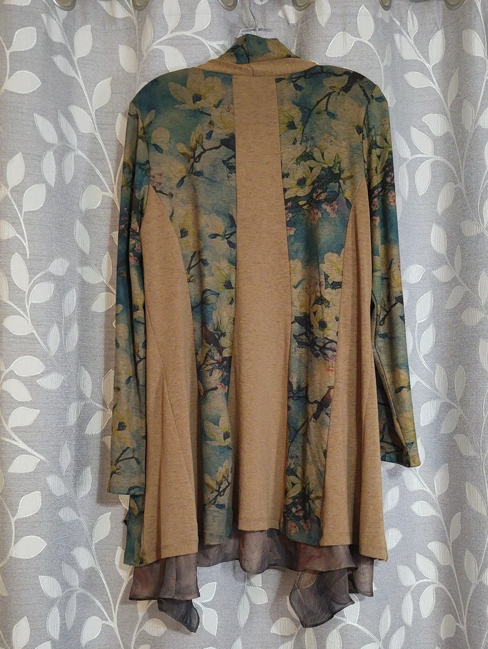 Soft Surroundings Tan and Teal Scenic Print Open-Front Cardigan size M - Picture 5 of 7